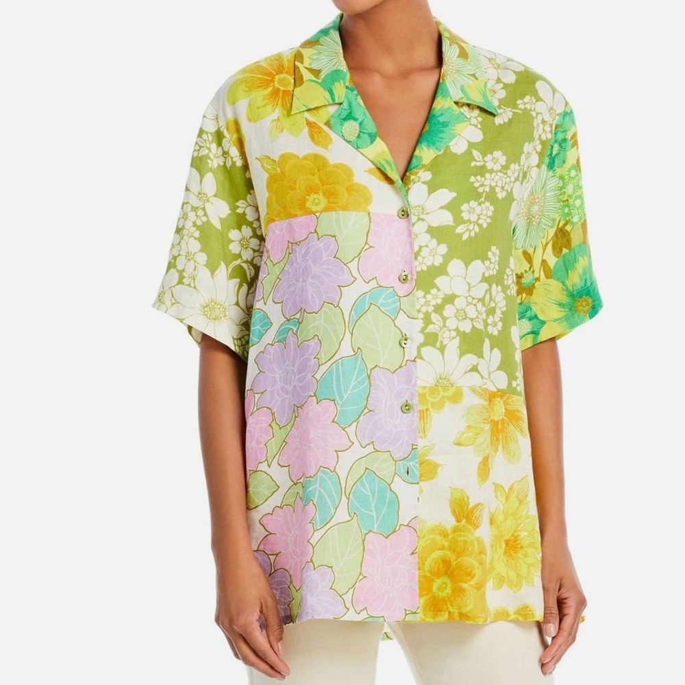 ALÉMAIS 100% Linen Floral Patchwork Short Sleeve Shirt Womens sz 0 Multi-Color